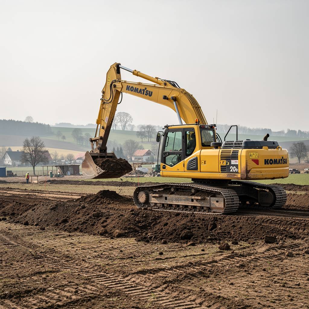 Žlutý pásový bagr Komatsu při zemních pracích